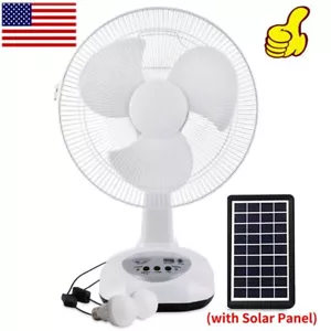 Portable Solar Power Fan w/ 2 LED Bulb Variable Speed Rechargeable Phone Charger - Picture 1 of 17