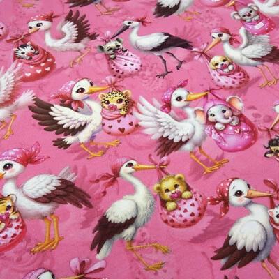 Stoff Baumwolle Jersey Storch Baby Panda Katze Bär Elefant pink rosa Kinderstoff - Bild 1 von 4