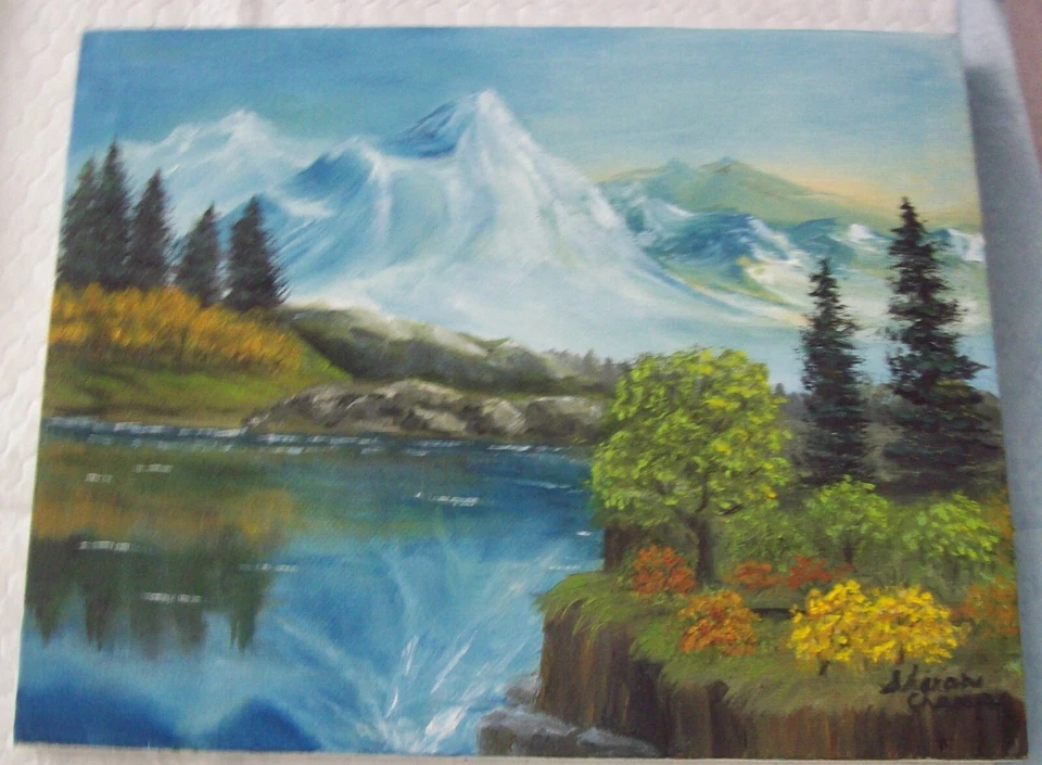 Original Landscape Oil Painting on Canvas - Bob Ross Style -Snow  Mountains - Image 1 of 1