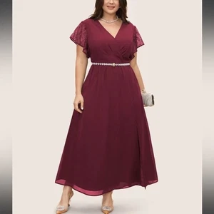 5 x 28 Übergröße BloomChic Netzkleid mit Überlappungskragen Häkelspitze und Taschen - Bild 1 von 3