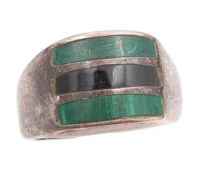 925 Sterling Silver Vintage Ring MEXICO Malachite & Onyx Inlay  Sz 10  RG34063 - Image 1 of 4