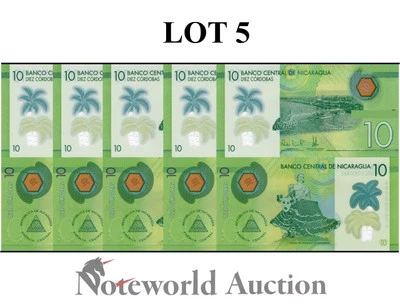 NICARAGUA 10 Cordobas 2019 P 209a Polymer Lot 5 pcs 1/20 Bundle UNC NR - Image 1 of 4