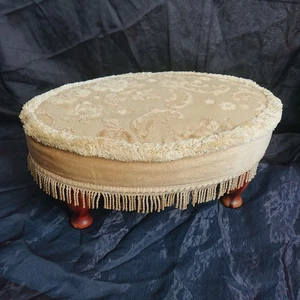 Low Oval Foot Stool - Cream / Beige - with fringe - Vintage Sherborne - - Picture 1 of 6