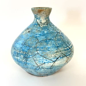 Vaso rotondo firmato Rogers 1999 blu Raku ceramica ad alto fuoco crepitio - Foto 1 di 10