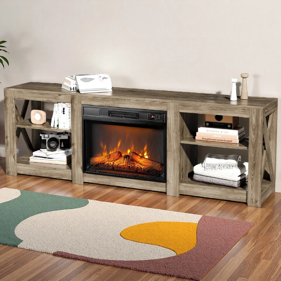 Gabinete de chimenea eléctrica de 70 pulgadas con calentador de llama realista - gris y transparente Foto 1 de 4