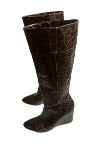 Jay Vincent Knee-High Roosevelt Leather Boots Brown Women’s Size 7.5M Croc Wedge - Afbeelding 1 van 21