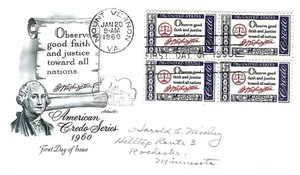 January 20 1960 US 4c American Credo Series Washington FDC Set of 4 - Picture 1 of 1