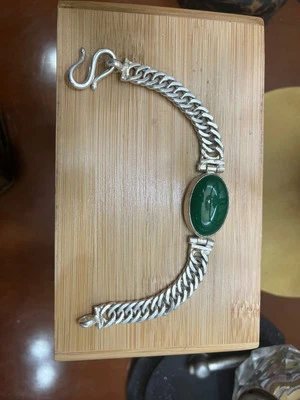 Bracciali indiani fatti a mano in argento puro con giada di giadeite verde... - Immagine 1 di 3