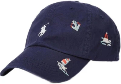 全新 Polo Ralph Lauren 男式刺绣航海斜纹球帽/帽子海军蓝 — 第 1/2 张图片