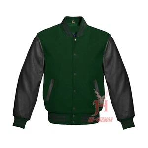 Varsity Letterman Baseball Forest Green Wool Genuine Black Leather Sleeves - Picture 1 of 6