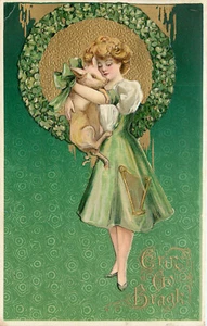 Postal en relieve Winsch Schmucker del día de San Patricio mujer irlandesa abraza cerdo - Imagen 1 de 2