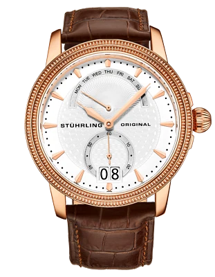 Stuhrling男士玫瑰瑞士石英表装饰Guilloche图案银色表盘 — 第 1/3 张图片