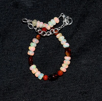 Solid 925 Sterling Silver Natural Ethiopian Opal Gemstone Beads 16"  Bracelet N - Image 1 of 4