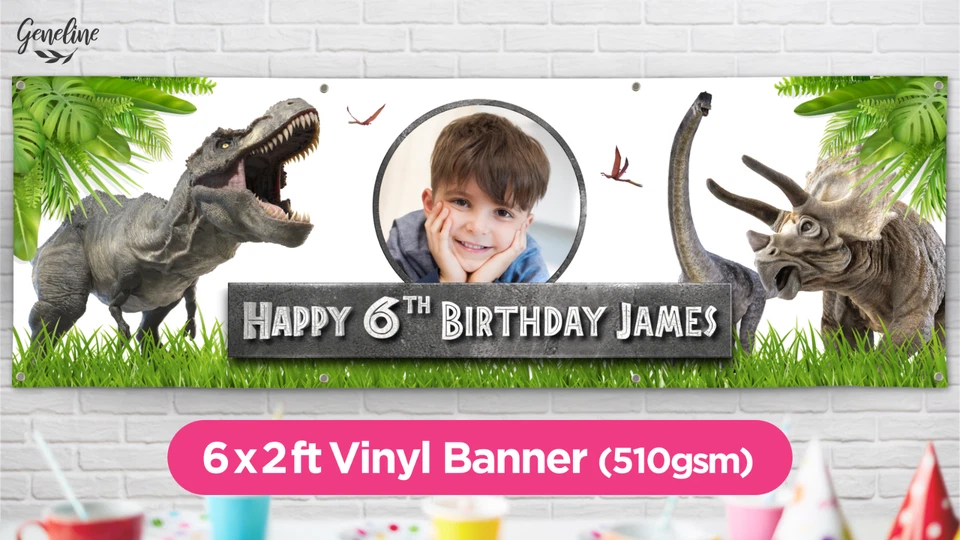 JURASSIC DINOSAUR Birthday Banner - Personalised - High Quality Vinyl PVC 6x2ft — 第 1/1 张图片