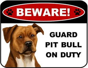 Beware Guard Pit Bull (Tan) on Duty 11.5" x 9" Laminated Dog Sign - Picture 1 of 4