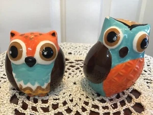 Ceramic Orange Blue Brown Owl salt and pepper shakers 2 1/2” Tall - Picture 1 of 6