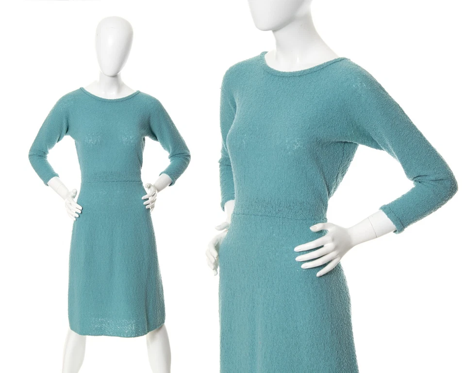 Vintage 1950s Sweater Dress 50s Blue Knit Wool Wiggle Sweaterdress - Image 1 of 4