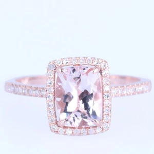 Engagement Diamonds Halo Fine Ring 10K Rose Gold 1.37CT Morganite Cushion 8x6mm - Picture 1 of 5
