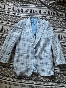 VTG KIngsroad Sears JACKET COAT Sz M44 Baby Blue Plaid 1970s Leisure Suit - Picture 1 of 8