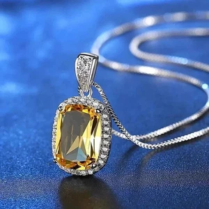 3CT Cushion Cut Lab Created Citrine Women's Chain Pendant 14K White Gold Finish - Picture 1 of 5