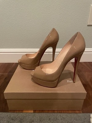 Christian Louboutin Lady Peep 150 Patent Nude Stiletto Pumps Heels - Image 1 of 4