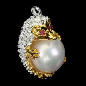 925 Sterling Silver Pendant Round Ruby Myanmar Pearl Hedgehog Gemstone Jewelry - Picture 1 of 13