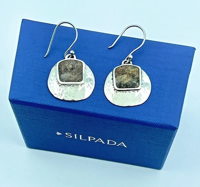 Silpada Sterling Silver & Bronzite Hammered Dangling Disc Wire Earrings, W1414 - Image 1 of 4