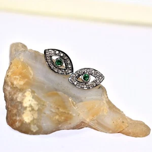 Emerald Stud Earrings 925 Sterling Silver Pave Diamond Earrings For Women - Picture 1 of 5