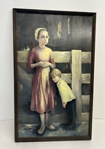 Antikes Ölgemälde von M. Zaucha Amish Kirchenmädchen, Kopfbedeckung, Junge - Bild 1 von 23