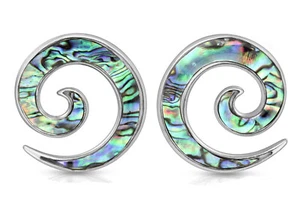 Pair 0g or 2g Steel Blue Green Abalone Ear Spirals Tapers Plugs Gauges 8mm 6mm - Picture 1 of 1