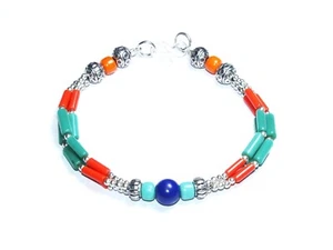 Turquoise Coral Lapis Amber Gemstone Handmade Nepali Bracelet Size 7.8 Inches - Picture 1 of 4