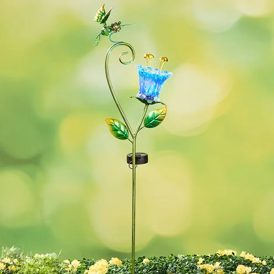 3 Ft Tall Solar Lighted Glass Flower with Hummingbird Outdoor Metal Garden Stake - Image 1 of 2