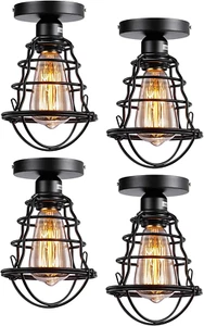 4 Vintage Semi Flush Mount Ceiling Light, Industrial Black Metal Cage Farmhouse - Picture 1 of 4
