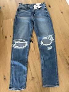 NWT American Eagle Women’s Mom Jeans Blown Out Blue Strigid Size 4 Long - Picture 1 of 10