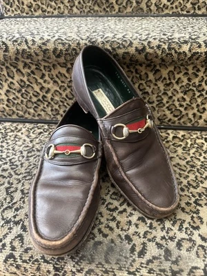 Gucci 80s Men’s Brown Leather 1953 Gold Horsebit Loafers Green Red Web 44 USA 10 - Image 1 of 4