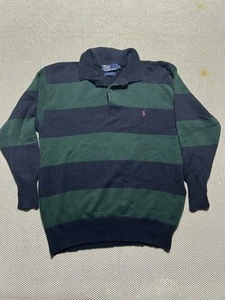 Vintage 90s polo Ralph Lauren navy Blue Green Stripe Rugby Sweater Size Medium - Picture 1 of 7