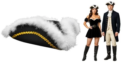 Sombrero Tricornio Negro Adulto Blanco Imitación Plumas Ala Tri-Esquinas Pirata Accesorio Foto 1 de 4