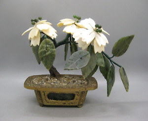 Belle ancienne statue fleur d'épinards chinois jade et nacre pierre de perle laiton arbre