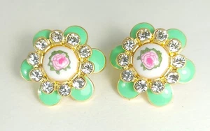 Vintage Style Green & Pink Rose Painted Enamel Rhinestone Pierced Earrings Cute! - Picture 1 of 7