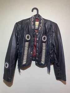 Sunriders Western Wear (Größe XS) schwarze Lederjacke mit Perlen/Fransen, Druckknopfverschluss - Bild 1 von 11