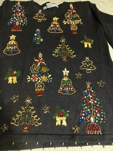 VINTAGE VICTORIA JONES MED BLACK HEAVY BEADED CHRISTMAS SWEATER, - Picture 1 of 6