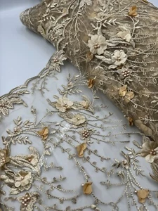 1 mtr gold 3D flower embroidered pearl scalloped bridal tulle net fabric 52”wide - Picture 1 of 6