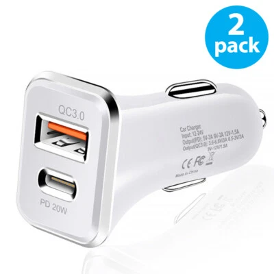 2 Pack Dual Port USB-C Fast Car Charger PD Adapter for iPhone Samsung Android - Image 1 of 4