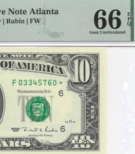 1995 $10 ATLANTA * STAR * ⭐️ FRN. PMG GEM Uncirculated 66 EPQ Banknote. SCARCE - Picture 1 of 3