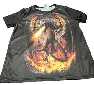 Camicia Doifer Uomo Large XL Nera Drago Sputafuoco Grafica Tee Fantasy - Foto 1 di 6