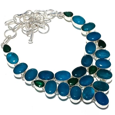 Collana In Argento Sterling 925 Con Gemme Di Calcedonio Blu E Giada Verde 18" - Immagine 1 di 4