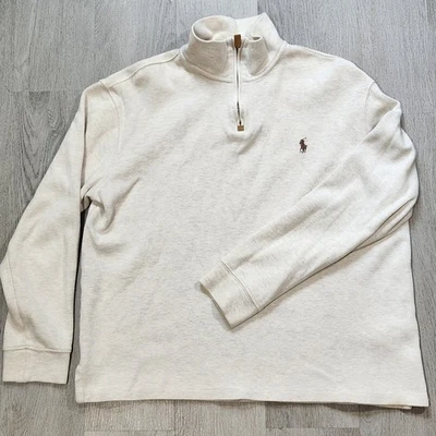 Polo Ralph Lauren Men Cream Tight Knit 1/4 Zip Pullover Sweater Medium Preppy - Image 1 of 4
