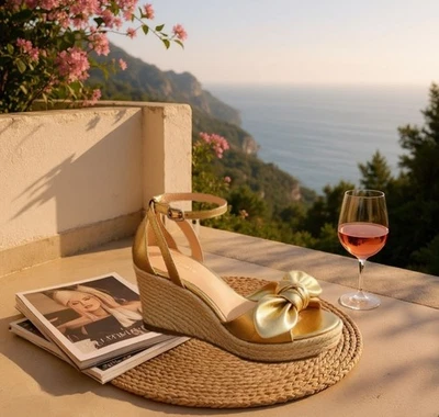 Kate Spade Women LEATHER Bow Strap Espadrille Wedge Platform Sandal 10 B GOLD - Image 1 of 4