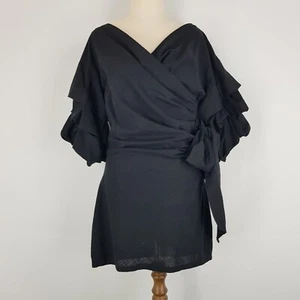 Lioness Womens Size S 8 Black Straight Dress Deep V Neck Puff Sleeves Side Tie - Picture 1 of 18