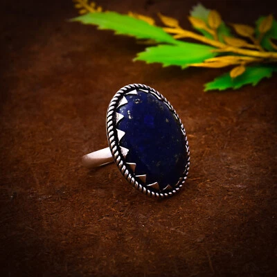 Anello Fatto A Mano In Argento Sterling 925 Con Gemma Di Lapis Lazuli Blu 9.25" - Immagine 1 di 3
